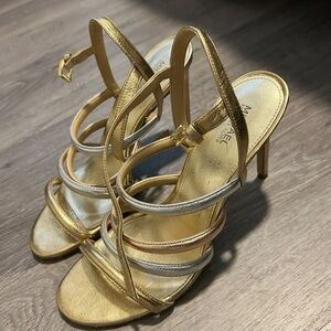 Michael Kors Metallic Gold Multi-Strip Slingback Heels